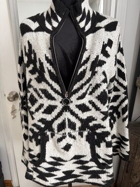 Pink Rose Black & White Zip Cowl Aztec Knit Sweater